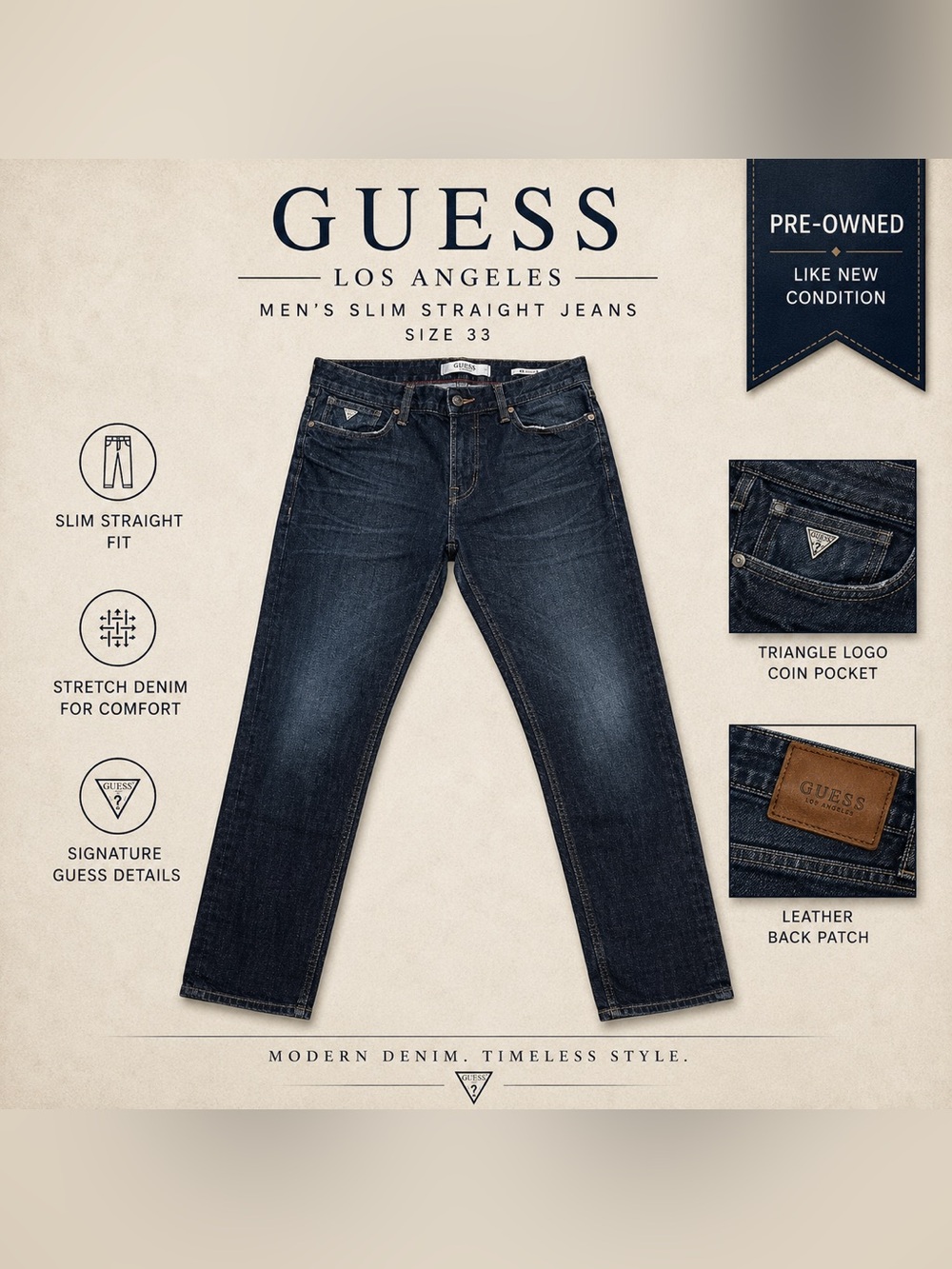 GUESS Los Angeles Slim Straight Stretch Jeans – Dark Wash Denim – Size 33